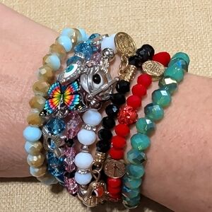 Colorful Faceted Bead Stretch Bracelet Stack Lot Evil Eye Hamsa Charms Boho
